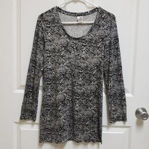 Natori Top Women's S Black White Tunic Scoop Neck Long Sleeve Side Vents